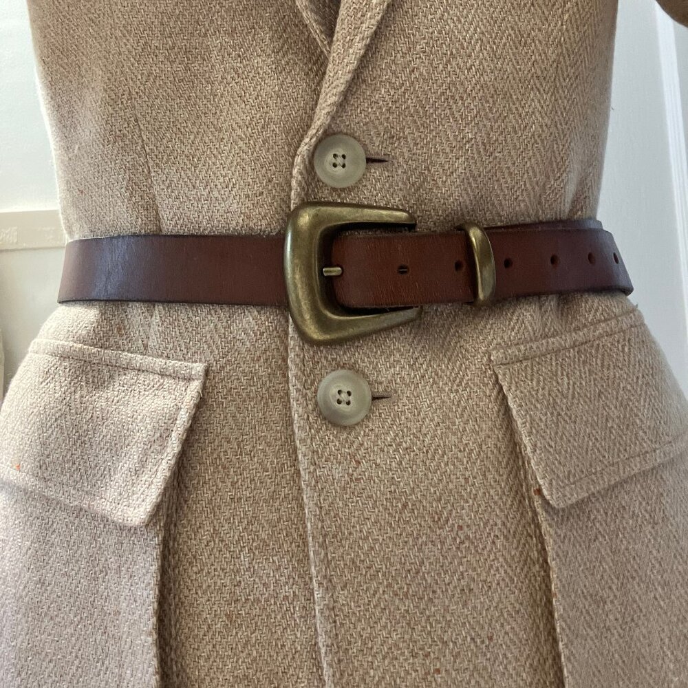 Leather Western Buckle Belt – Brass Tone, 80cm